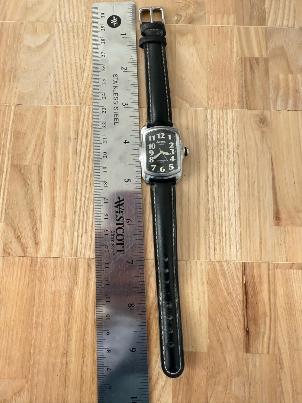 Activa Swiss ladies rectangular silver tone black leather watch NEW BATTERY